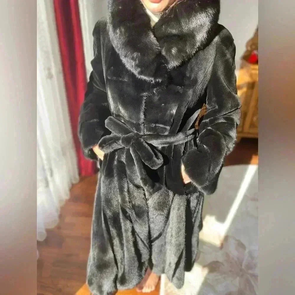 Luxury Genuine Blacklama Mink Fur Long Coat Jacket Hooded Size Medium M